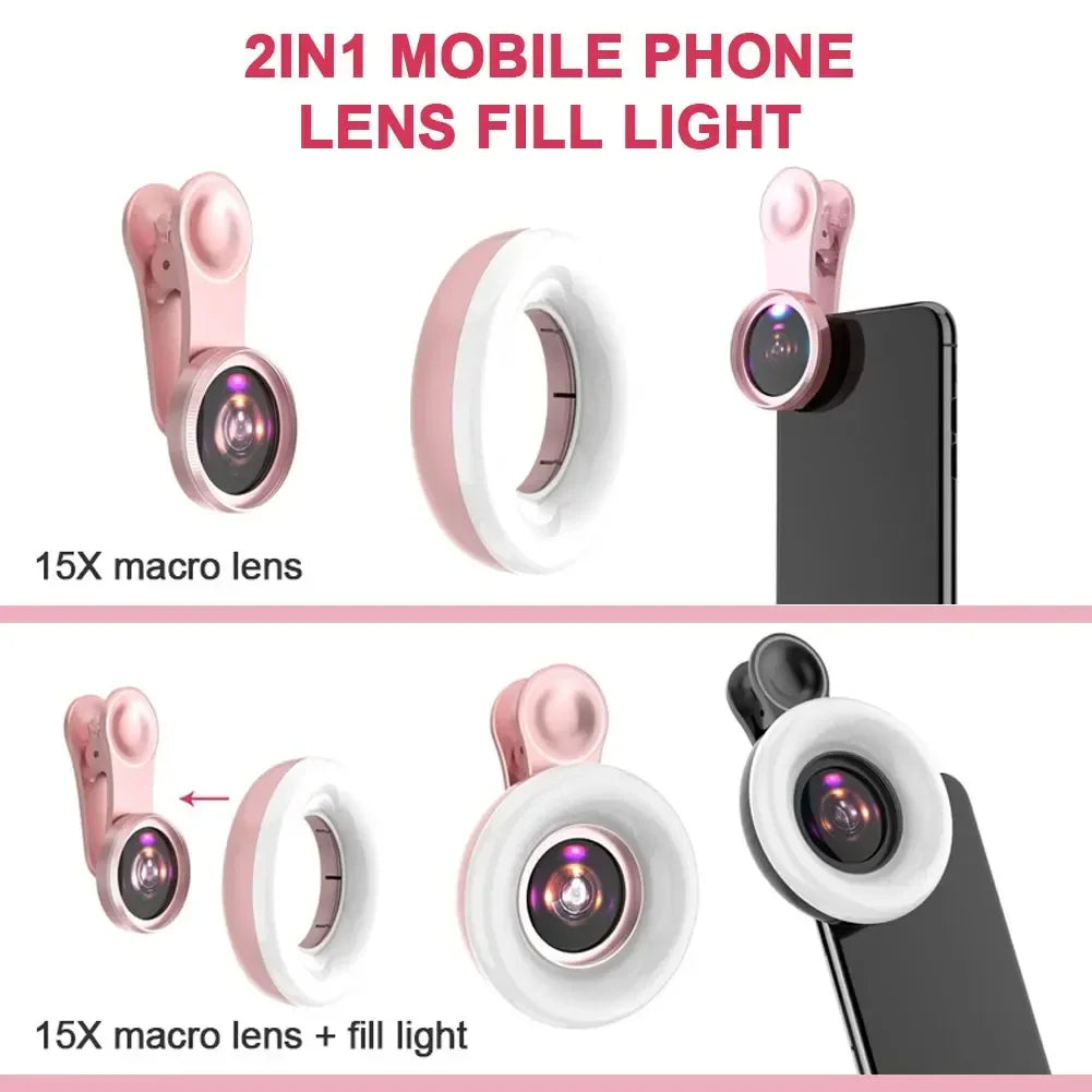 Mobile Phone Clip-on Fill Light 15X Macro Lens Portable Selfie LED Ring Lamp