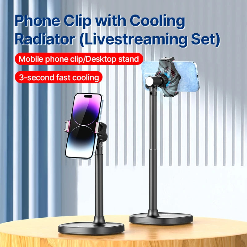 Cell Phone Stand with Cooler, Desktop Phone Live Streaming Solution with Phone Cooling Fan, Height Adjustable Phone Cooler Stand Compatible with All Mobile Phones, iPhone & Android