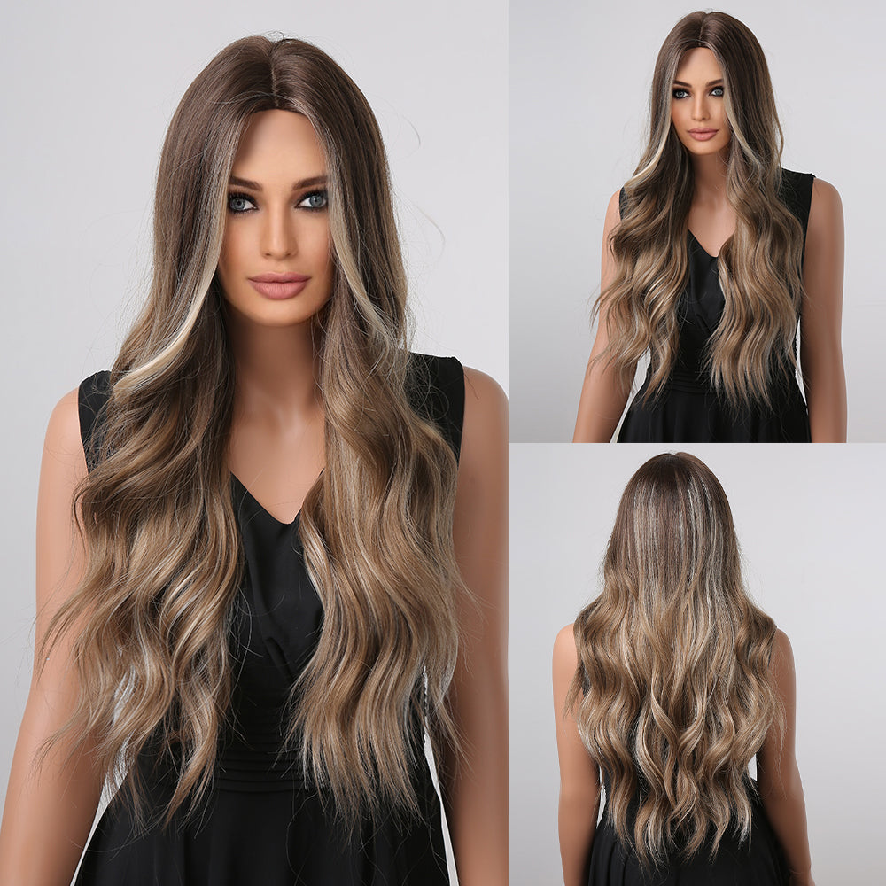 Long curly wigs brown ombre blonde with middle bangs wigs for women for daily life LC1004-1