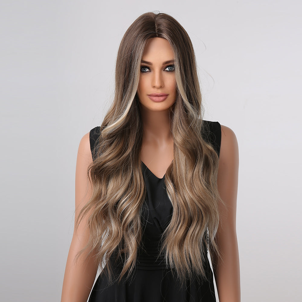 Long curly wigs brown ombre blonde with middle bangs wigs for women for daily life LC1004-1