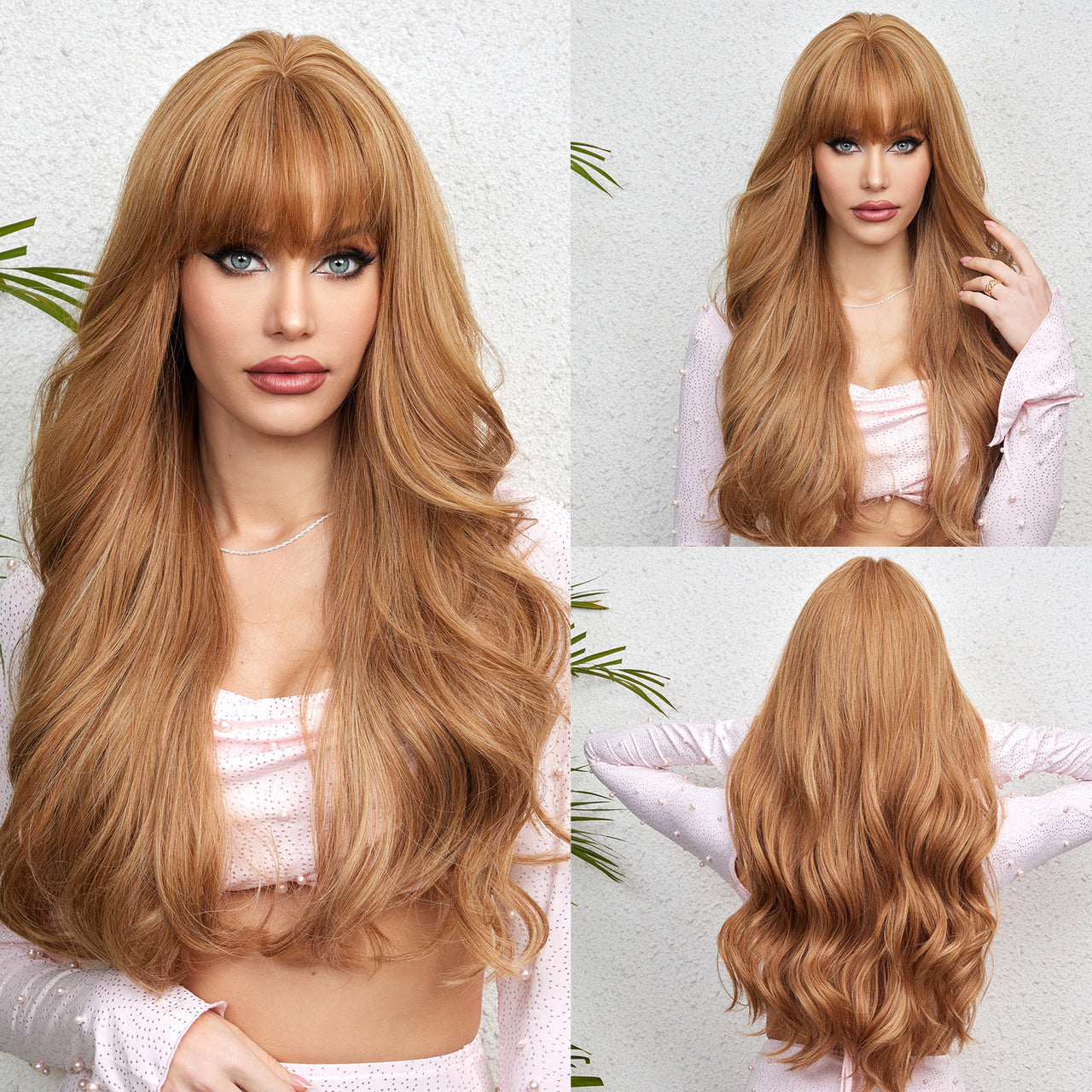 26 Inches Long Curly Brown Blonde Wigs with Bangs Synthetic Wigs Women's Wigs for Daily Use,Cosplay or Party Taking Photos  LC9056-1