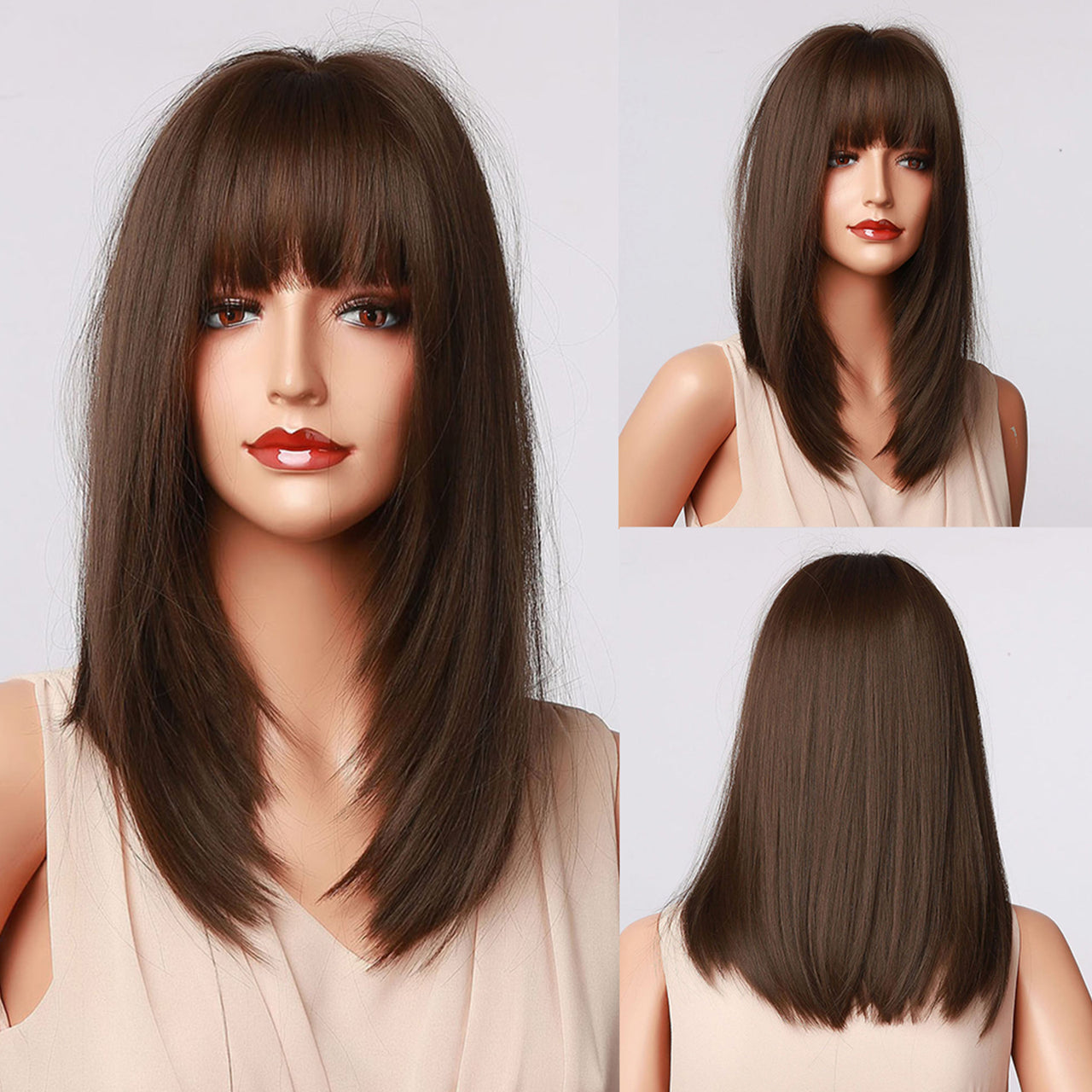 16 Inch Medium Length Straight Dark Brown Wig With Bangs Synthetic Heat Resistant Wig LC5056-1