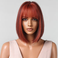 Thumbnail for 12 Inches Short Straight Wine Red Bobo Wigs with Bangs Women's WIgs for Daily or Cosplay Use LC2080-8