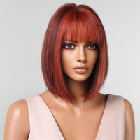 Thumbnail for 12 Inches Short Straight Wine Red Bobo Wigs with Bangs Women's WIgs for Daily or Cosplay Use LC2080-8