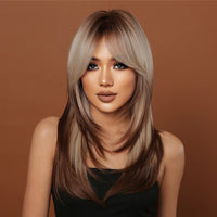 Thumbnail for 22 inches ombre dark brown to blonde layered long straight wigs for women dailywear