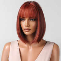 Thumbnail for 12 Inches Short Straight Wine Red Bobo Wigs with Bangs Women's WIgs for Daily or Cosplay Use LC2080-8