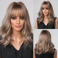 Thumbnail for 16 Inch Light Brown Shoulder-Length Wavy Hair With Bangs Synthetic Heat Resistant Wig LC1006-1