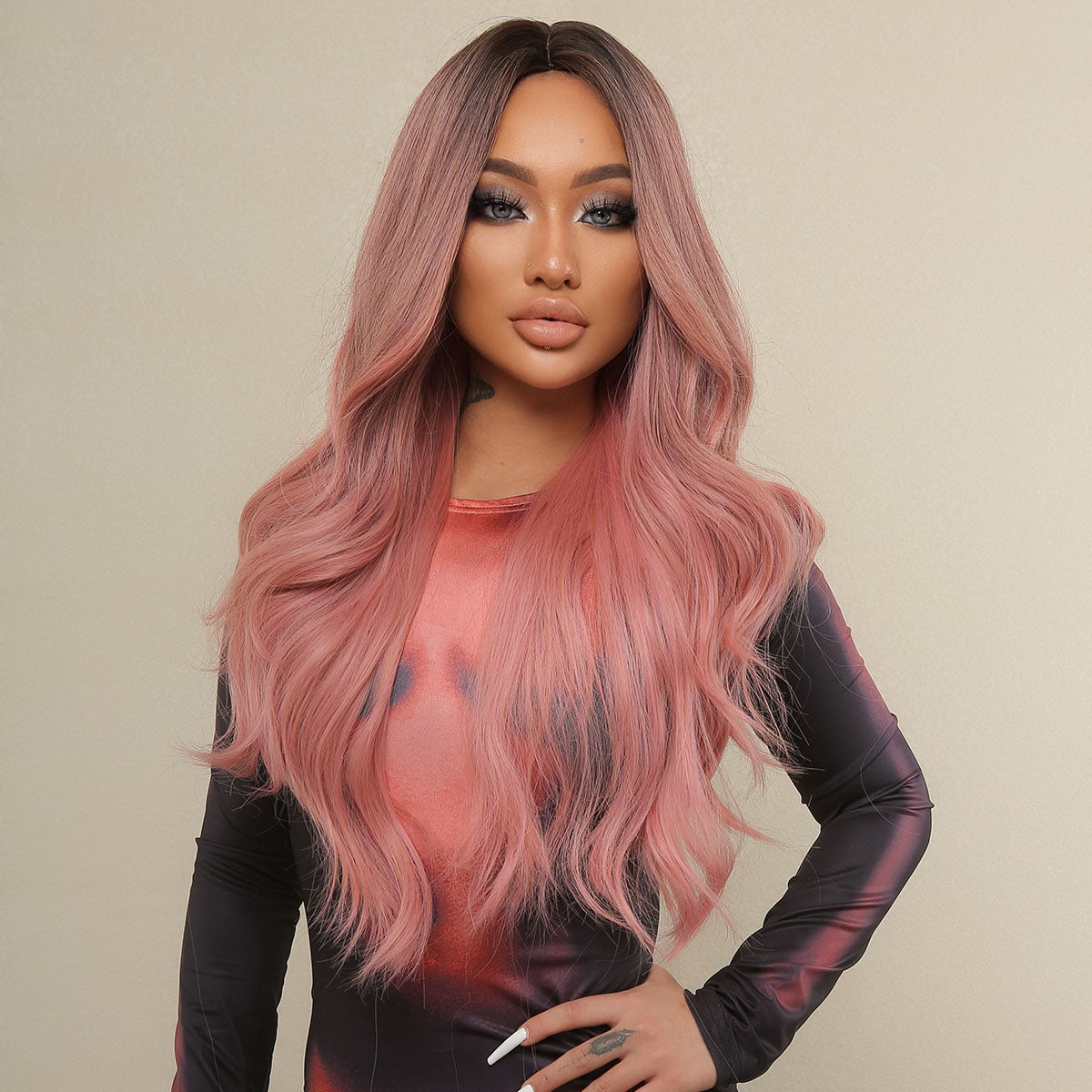 Long curly wigs black ombre pink with middle bangs wigs for women for daily life LC313-1