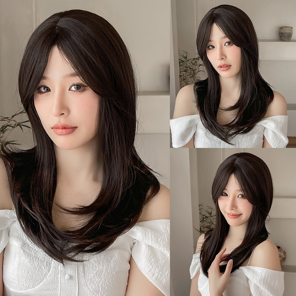 18 Inch long straight wigs brown with bangs wigs for women daily or cosplay use LC8015