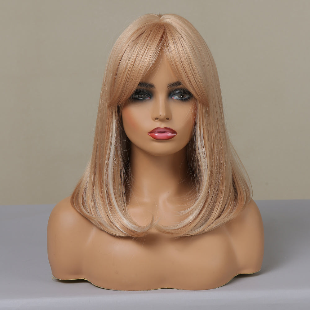 16 Inch long straight wigs blonde with bangs wigs for women daily or cosplay use LC046-1