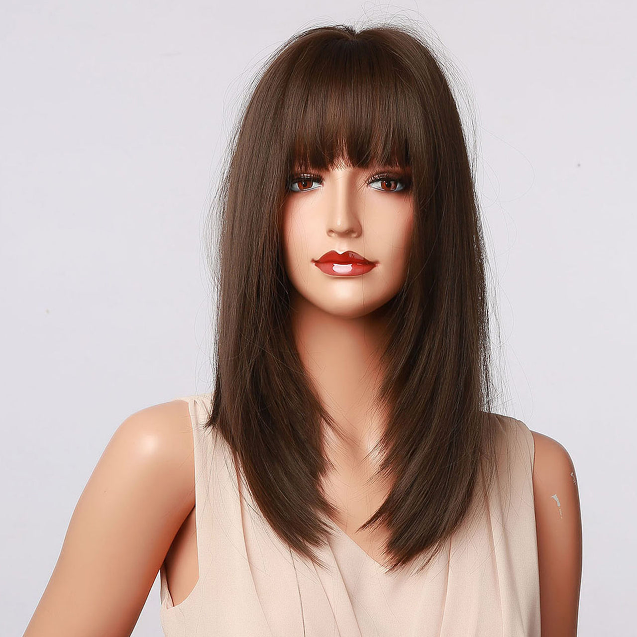 16 Inch Medium Length Straight Dark Brown Wig With Bangs Synthetic Heat Resistant Wig LC5056-1