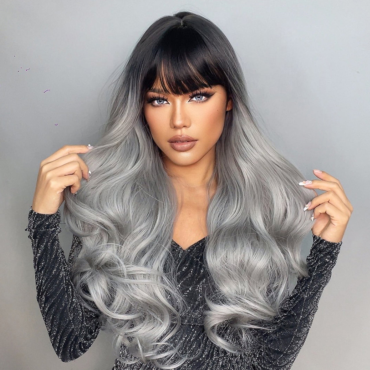28 Inch Brown Ombre Gray Long Wavy Wigs for Women LC6109-1