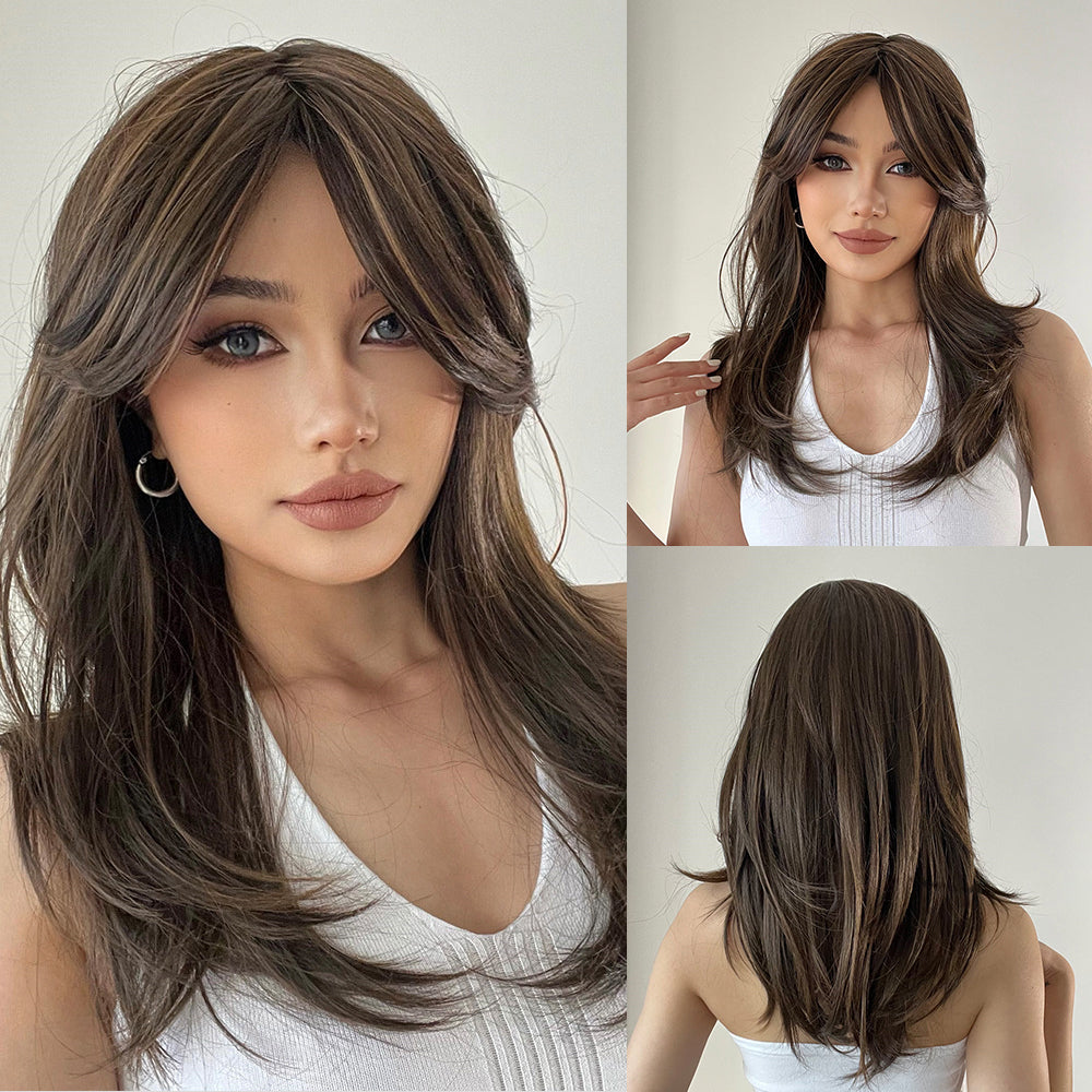 18 inches natural brown side part layered long straight wigs for women dailywear