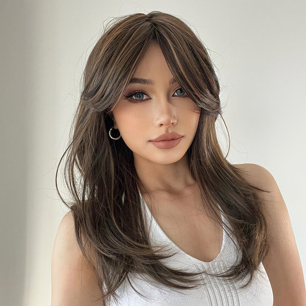 18 inches natural brown side part layered long straight wigs for women dailywear