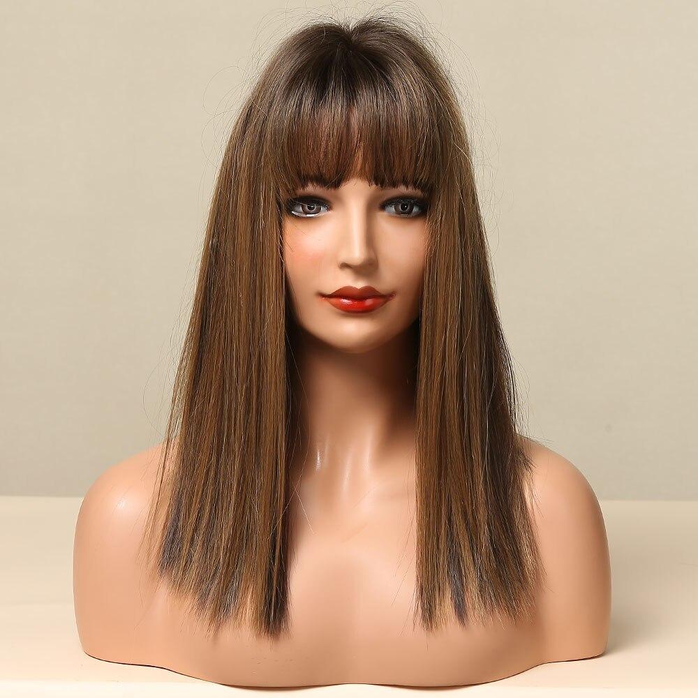 16 inch Long straight black ombre blonde wigs with bangs wigs for women for daily life LC5225-1