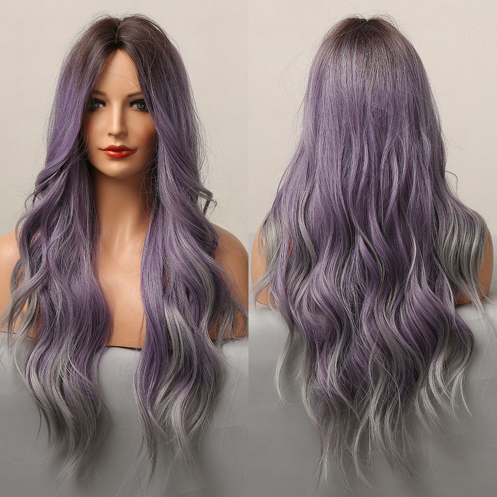 Long curly wigs purple ombre grey with middle bangs wigs for women for daily life LC5116-1