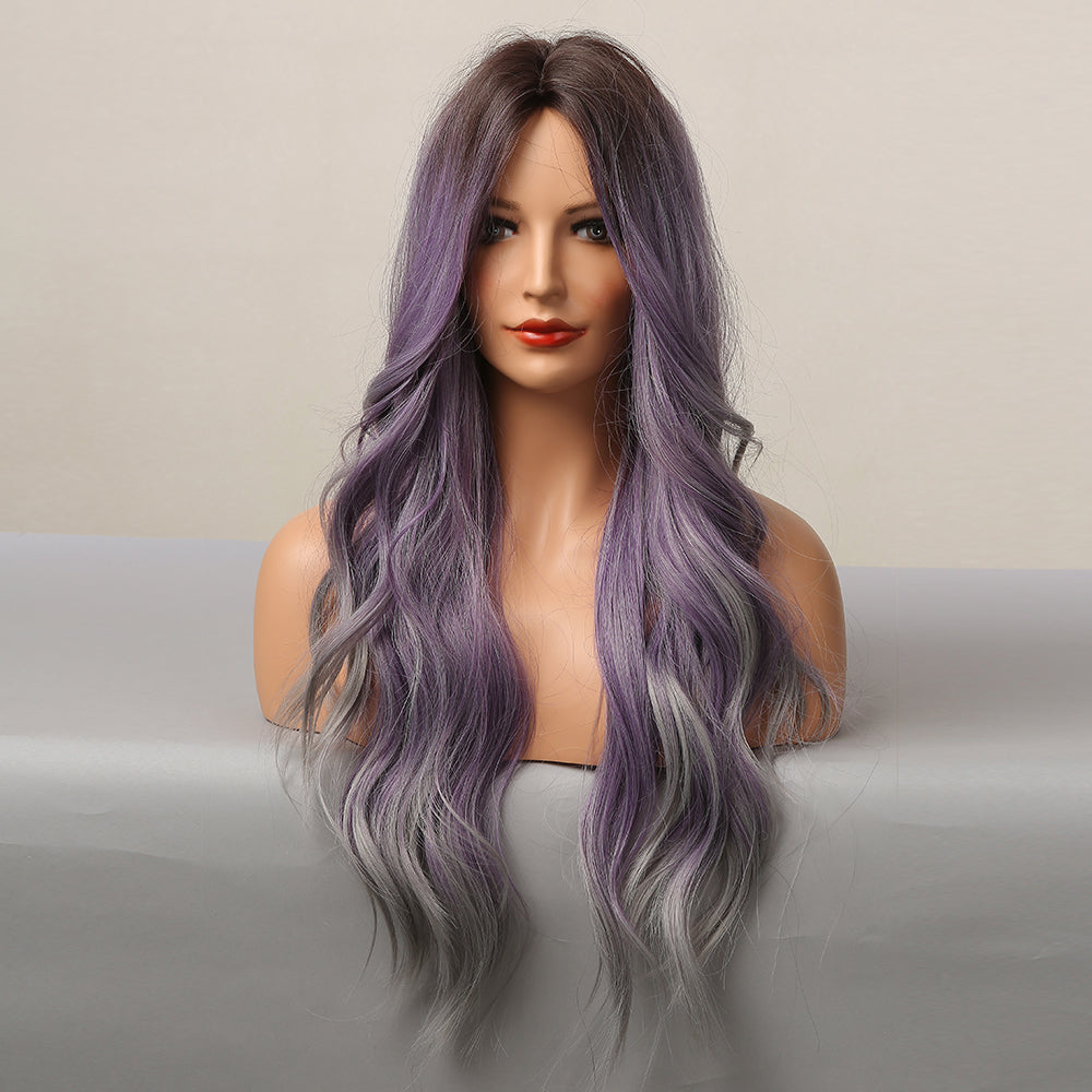 Long curly wigs purple ombre grey with middle bangs wigs for women for daily life LC5116-1