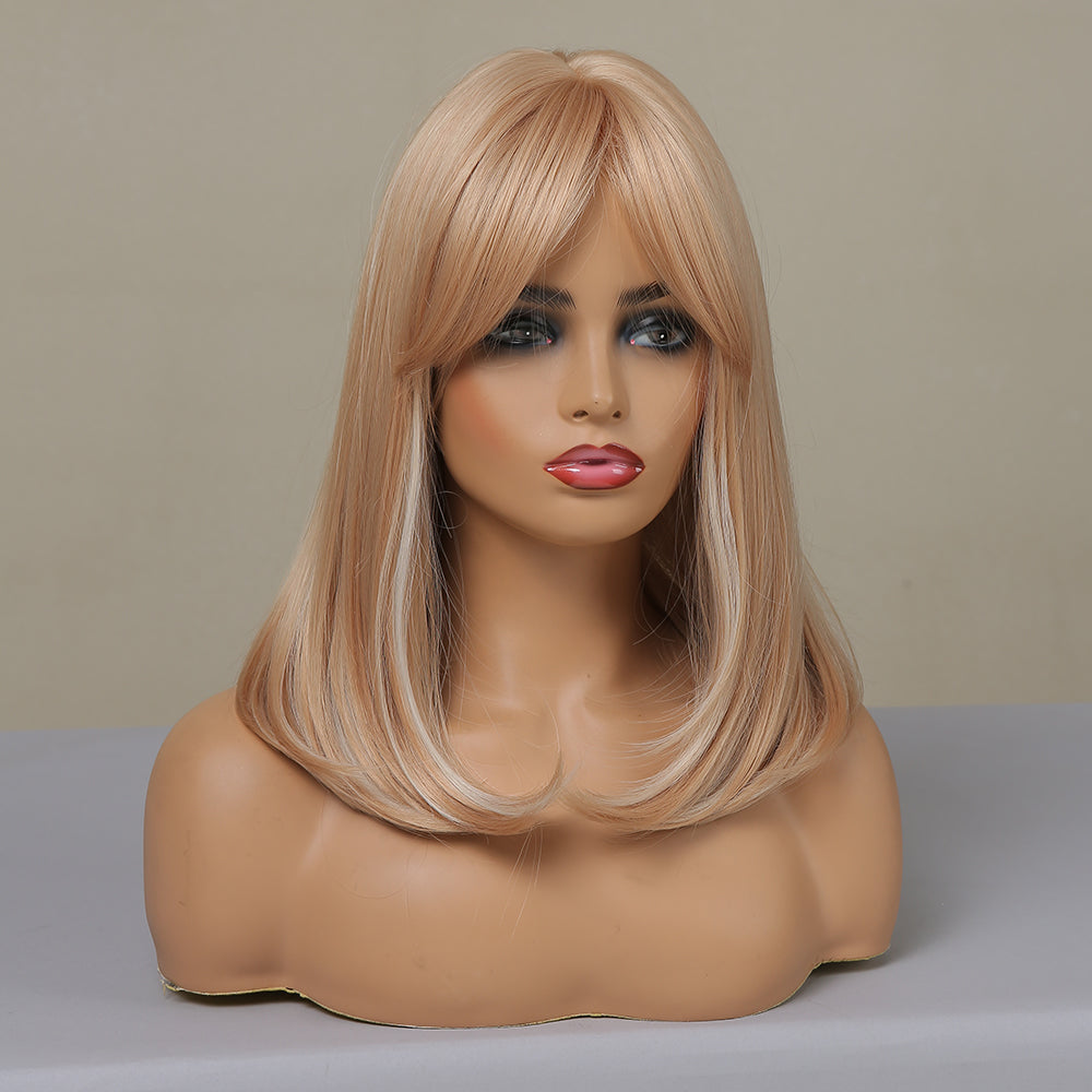 16 Inch long straight wigs blonde with bangs wigs for women daily or cosplay use LC046-1