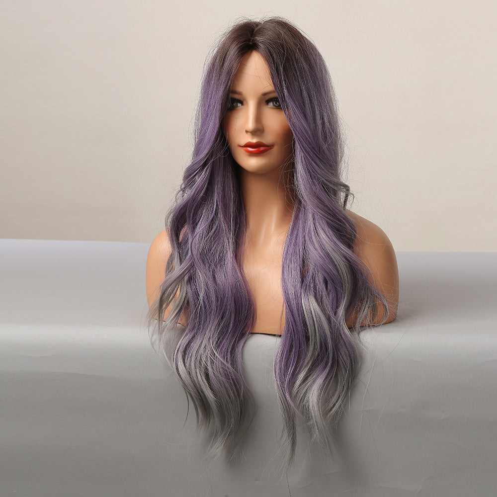 Long curly wigs purple ombre grey with middle bangs wigs for women for daily life LC5116-1