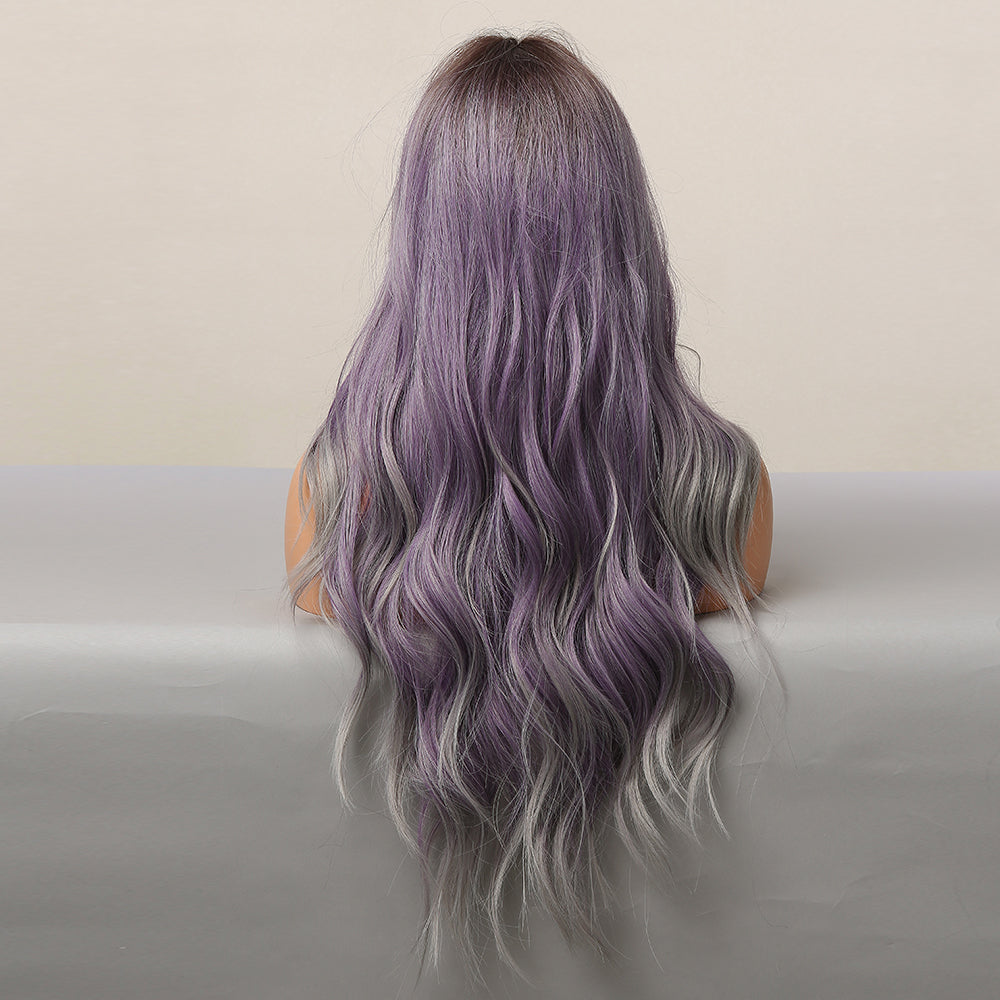 Long curly wigs purple ombre grey with middle bangs wigs for women for daily life LC5116-1