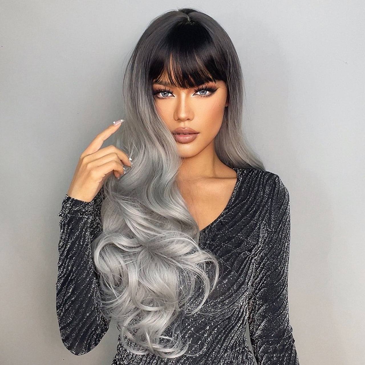 28 Inch Brown Ombre Gray Long Wavy Wigs for Women LC6109-1