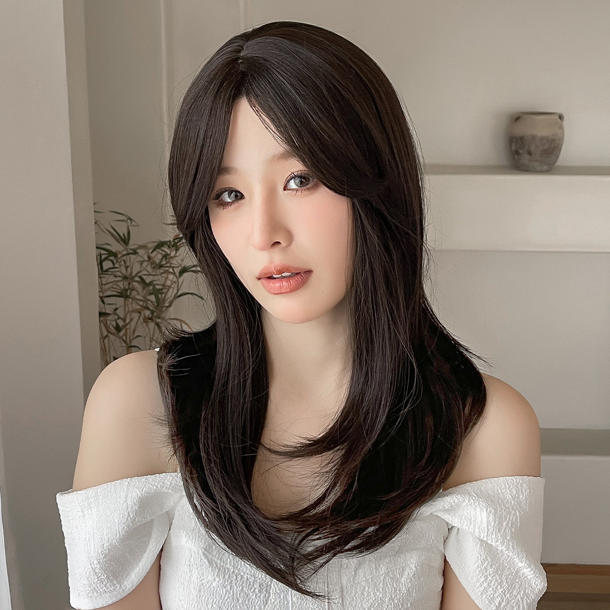 18 Inch long straight wigs brown with bangs wigs for women daily or cosplay use LC8015