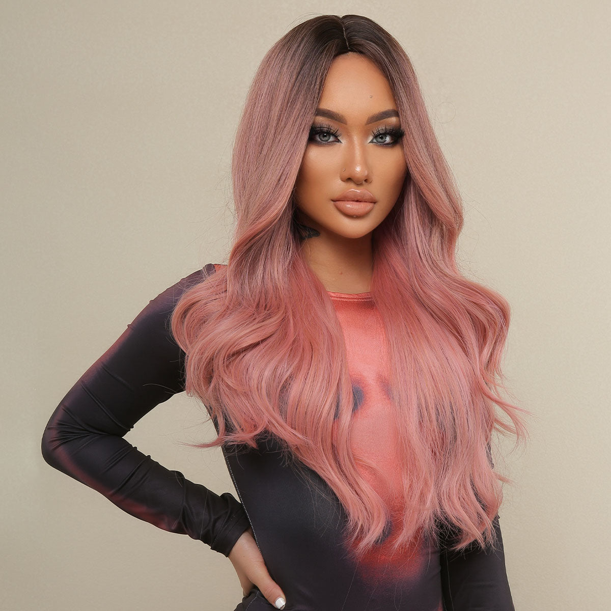 Long curly wigs black ombre pink with middle bangs wigs for women for daily life LC313-1