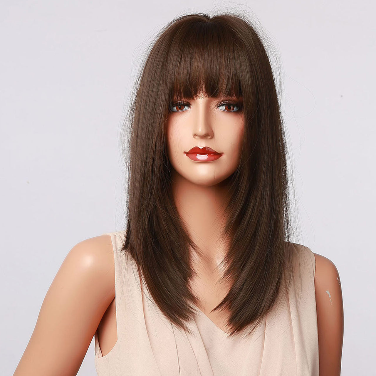 16 Inch Medium Length Straight Dark Brown Wig With Bangs Synthetic Heat Resistant Wig LC5056-1