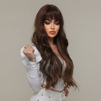 Thumbnail for 26 Inches Long Curly Brown Wigs wirh Bangs and Blonde Highlight Women's Wigs for Daily or Cosplay Use LC2074-4