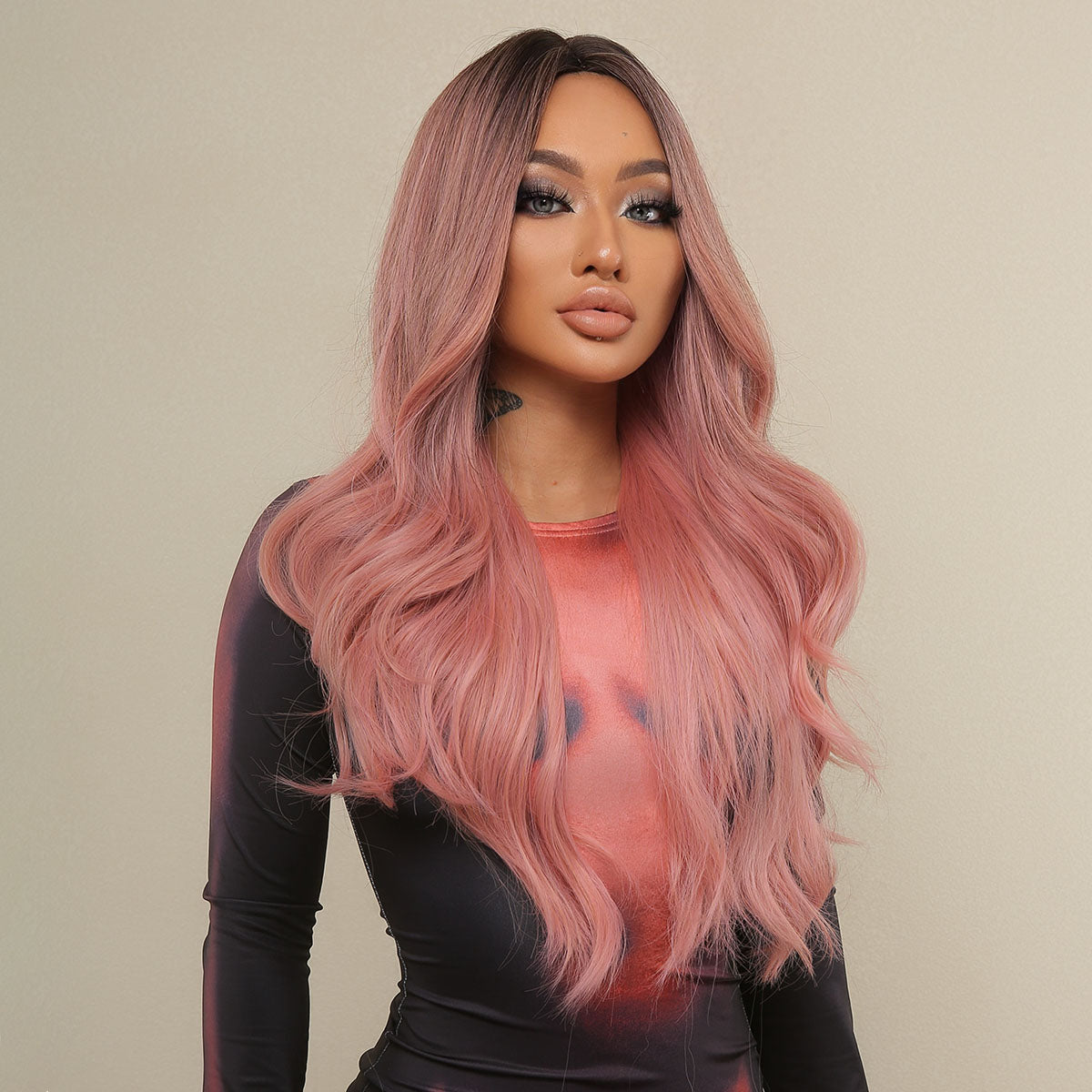 Long curly wigs black ombre pink with middle bangs wigs for women for daily life LC313-1