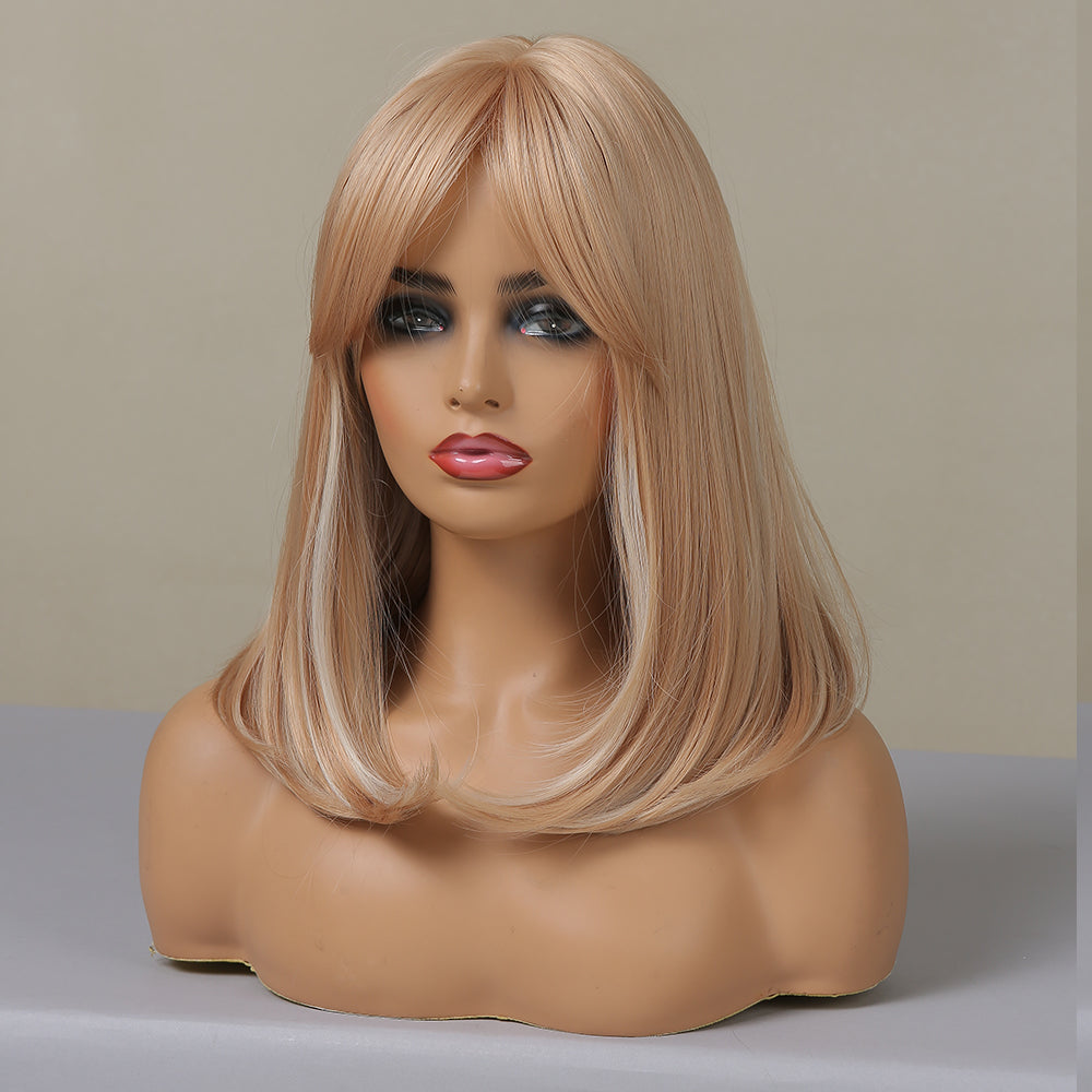 16 Inch long straight wigs blonde with bangs wigs for women daily or cosplay use LC046-1