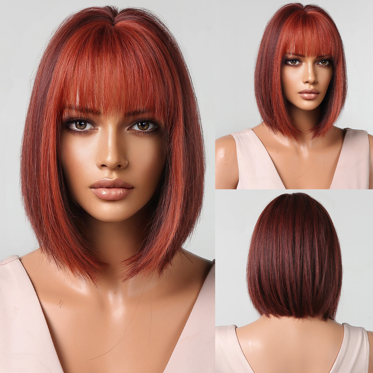 12 Inches Short Straight Wine Red Bobo Wigs with Bangs Women's WIgs for Daily or Cosplay Use LC2080-8