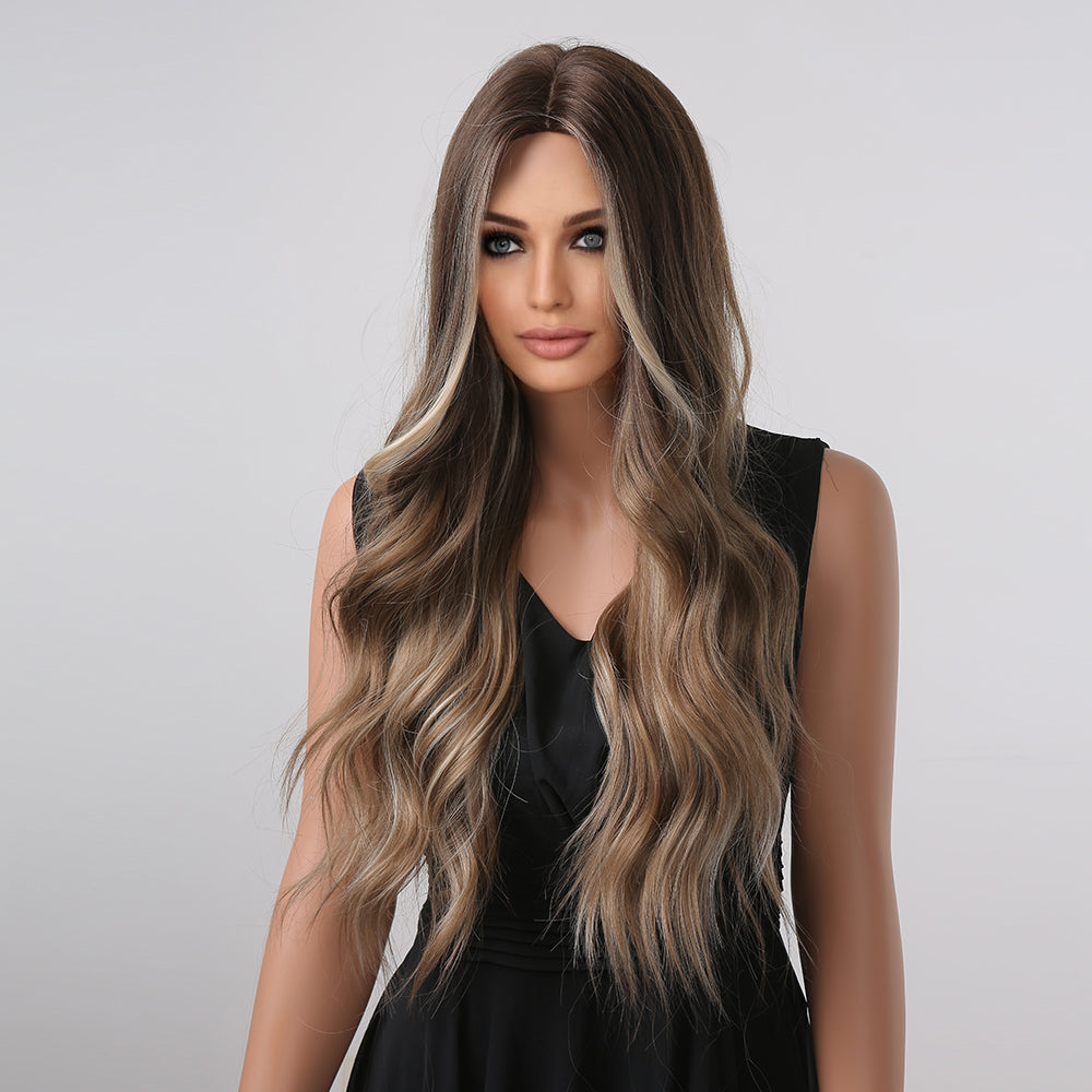 Long curly wigs brown ombre blonde with middle bangs wigs for women for daily life LC1004-1