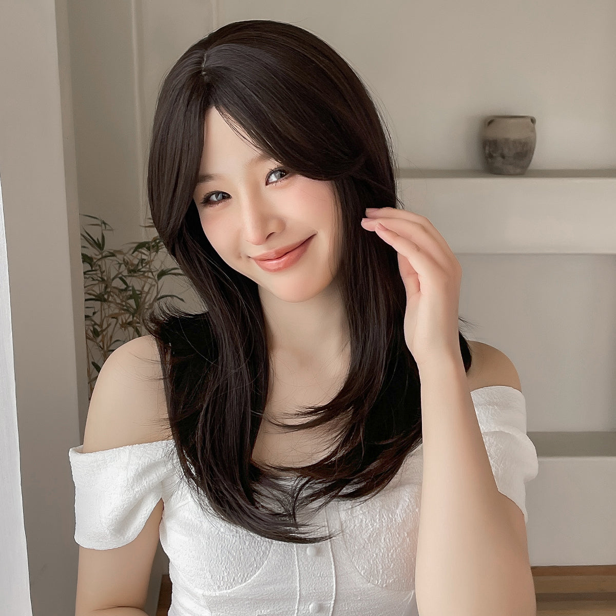 18 Inch long straight wigs brown with bangs wigs for women daily or cosplay use LC8015