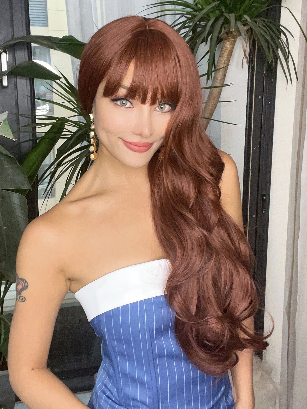 26 Inches Long Curly Red Brown Wigs with Bangs Synthetic Wigs Women's Wigs for Daily or Cosplay Use WL1113-1