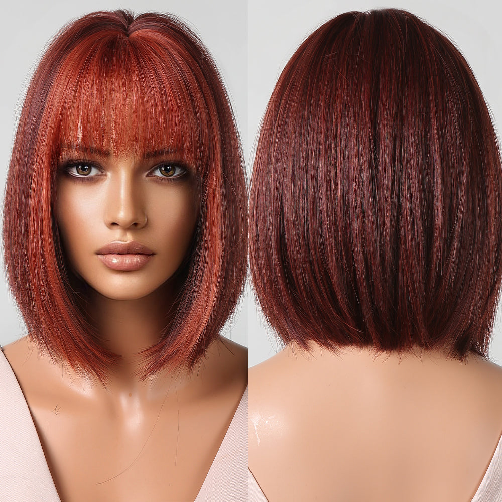 12 Inches Short Straight Wine Red Bobo Wigs with Bangs Women's WIgs for Daily or Cosplay Use LC2080-8