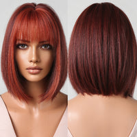 Thumbnail for 12 Inches Short Straight Wine Red Bobo Wigs with Bangs Women's WIgs for Daily or Cosplay Use LC2080-8