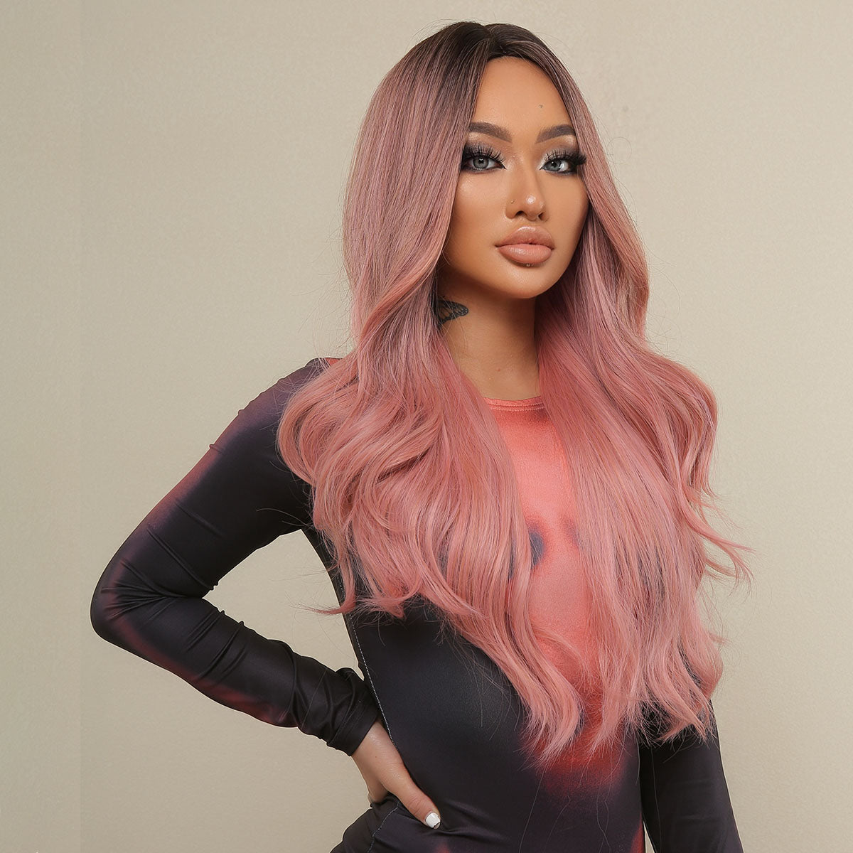 Long curly wigs black ombre pink with middle bangs wigs for women for daily life LC313-1