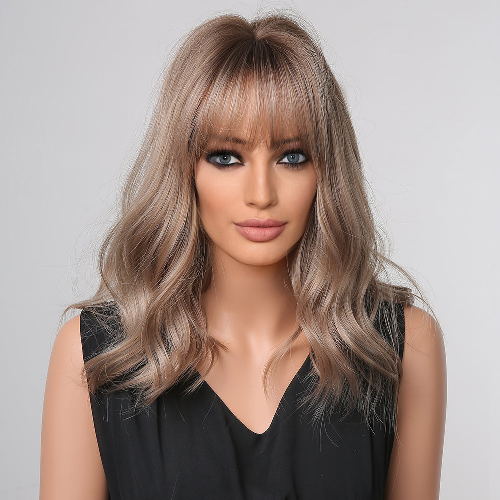 16 Inch Light Brown Shoulder-Length Wavy Hair With Bangs Synthetic Heat Resistant Wig LC1006-1