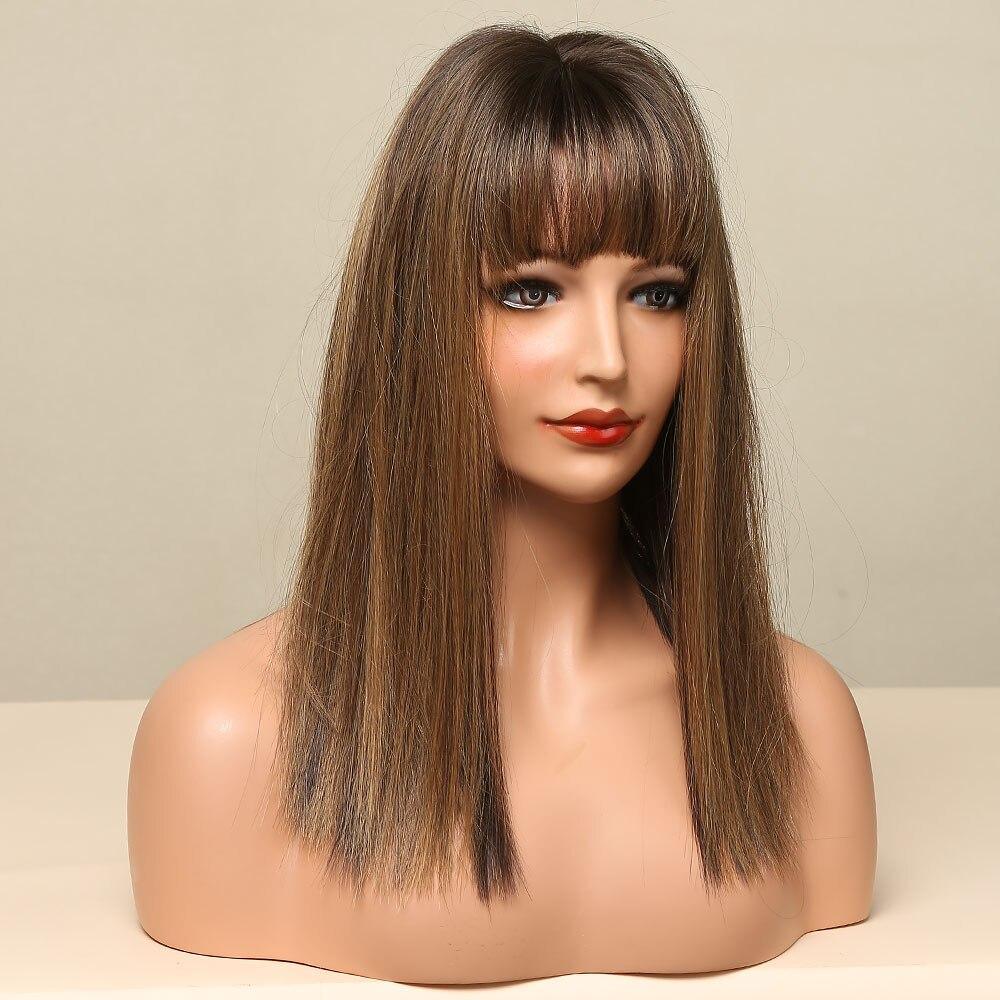 16 inch Long straight black ombre blonde wigs with bangs wigs for women for daily life LC5225-1