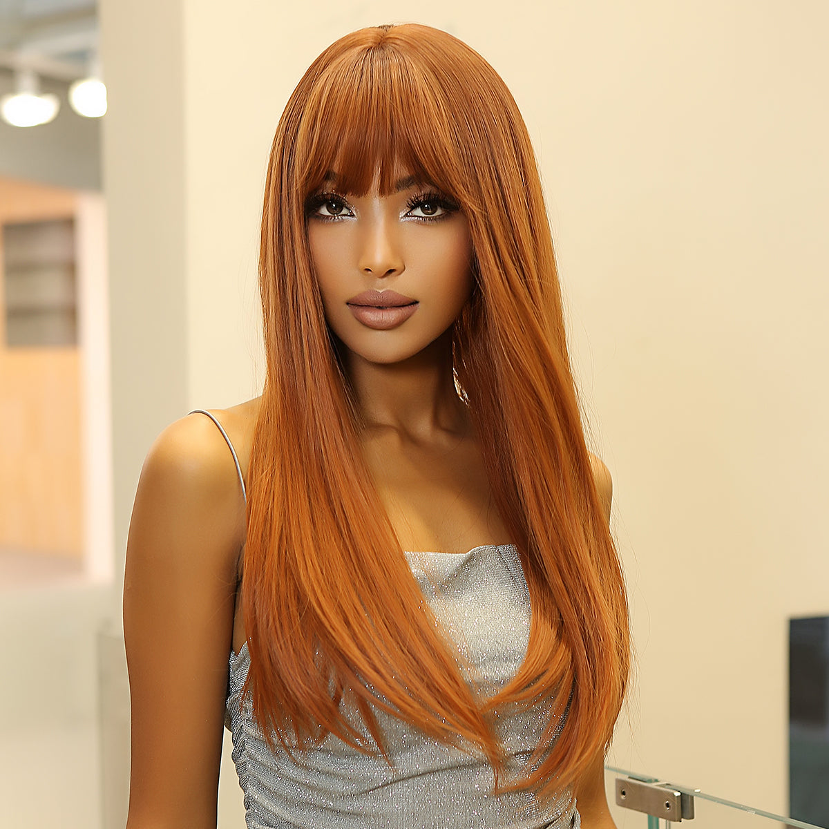 24 inches ombre ginger orange hair with bangs long straight wigs for women