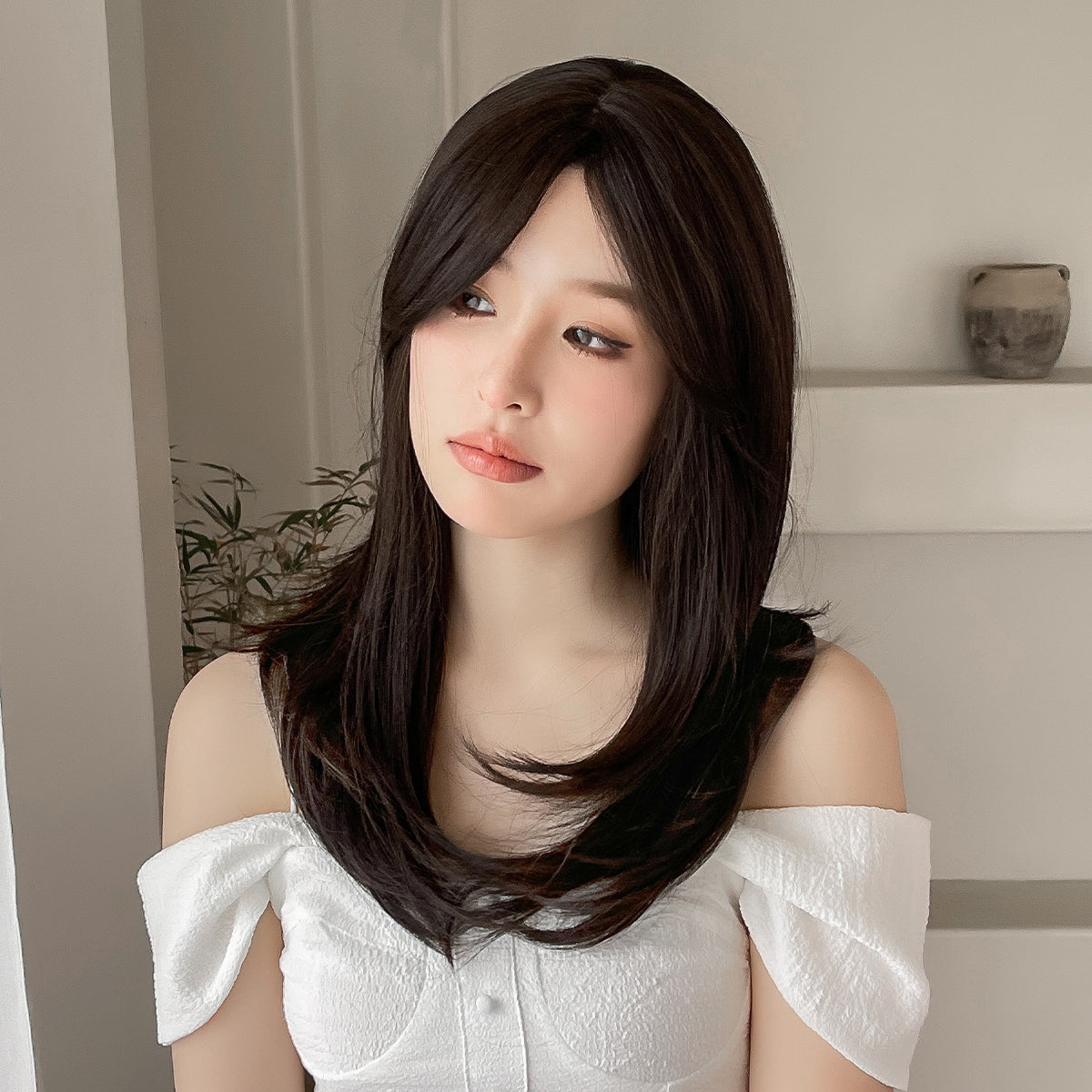 18 Inch long straight wigs brown with bangs wigs for women daily or cosplay use LC8015