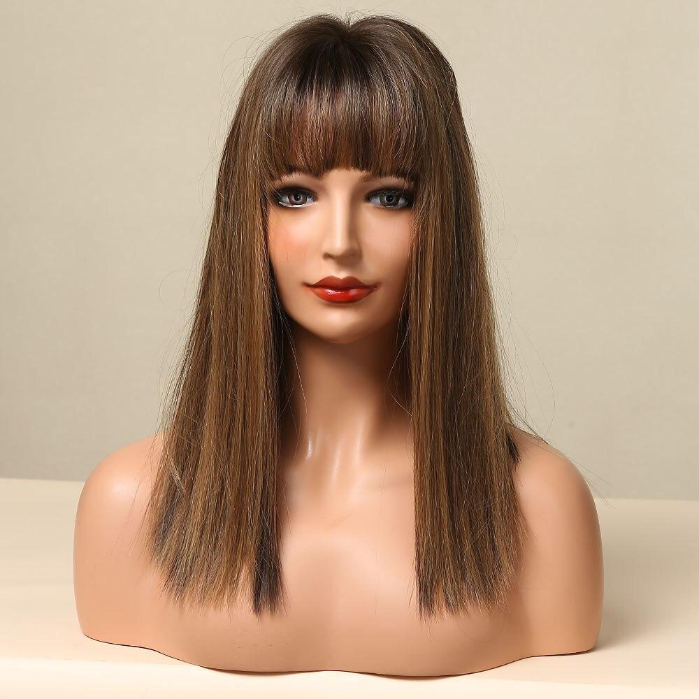 16 inch Long straight black ombre blonde wigs with bangs wigs for women for daily life LC5225-1