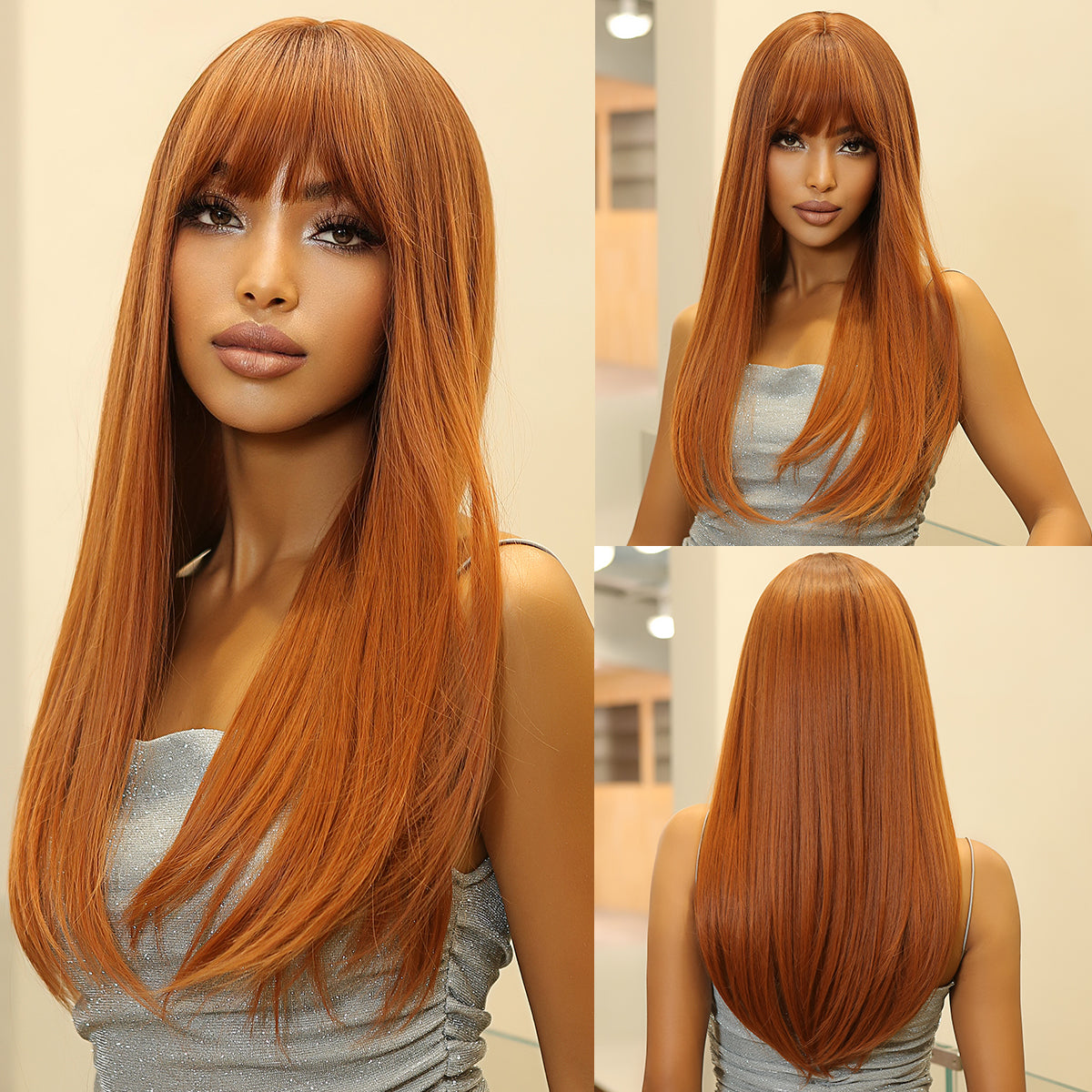 24 inches ombre ginger orange hair with bangs long straight wigs for women