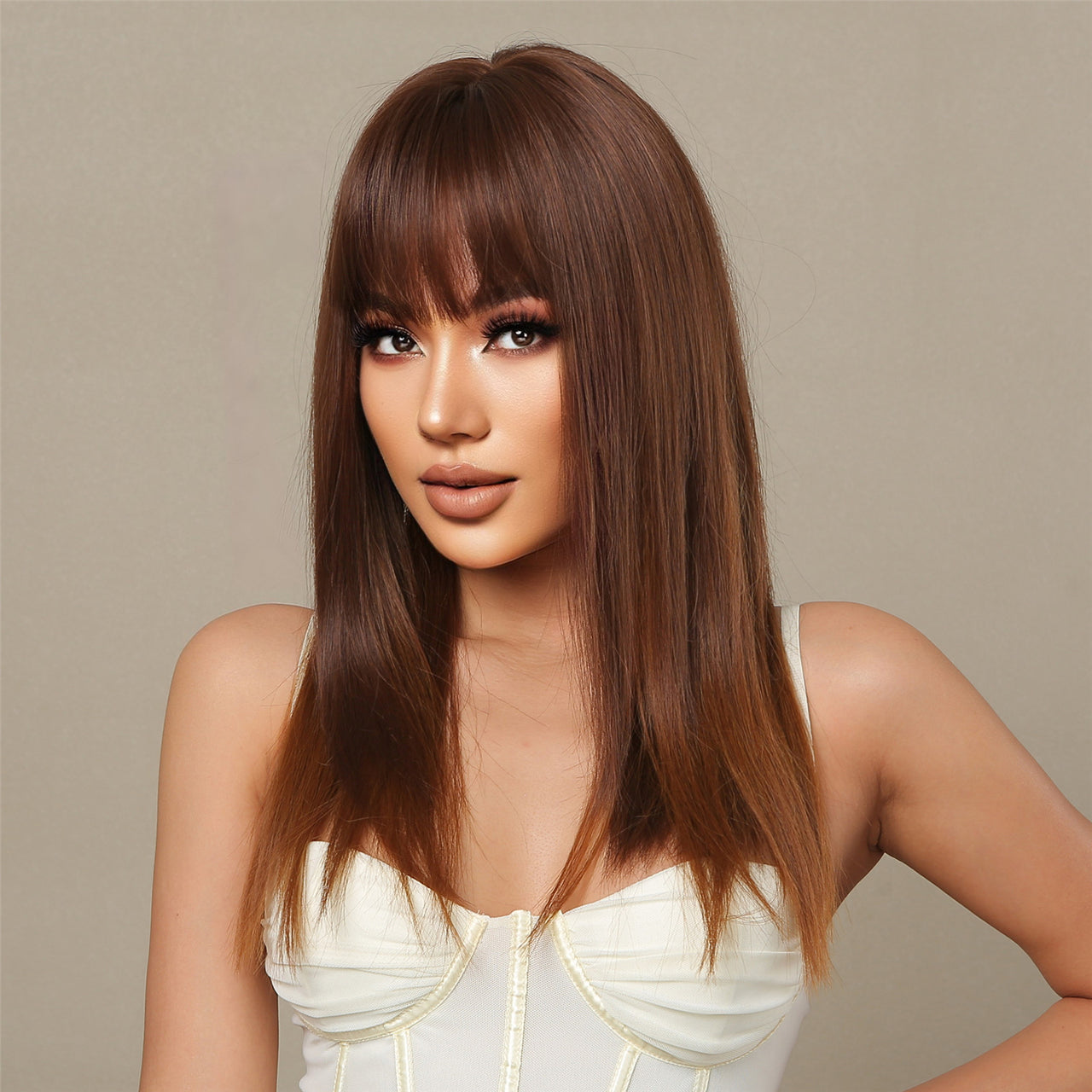 18 Inches Long Straight Brown Wigs with Bangs Synthetic Wigs Women's Wigs for Daily or Cosplay Use LC070-1