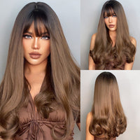 Thumbnail for 26 inch long curly hair brown ombre wig with bangs and black root wig for women LC368-2