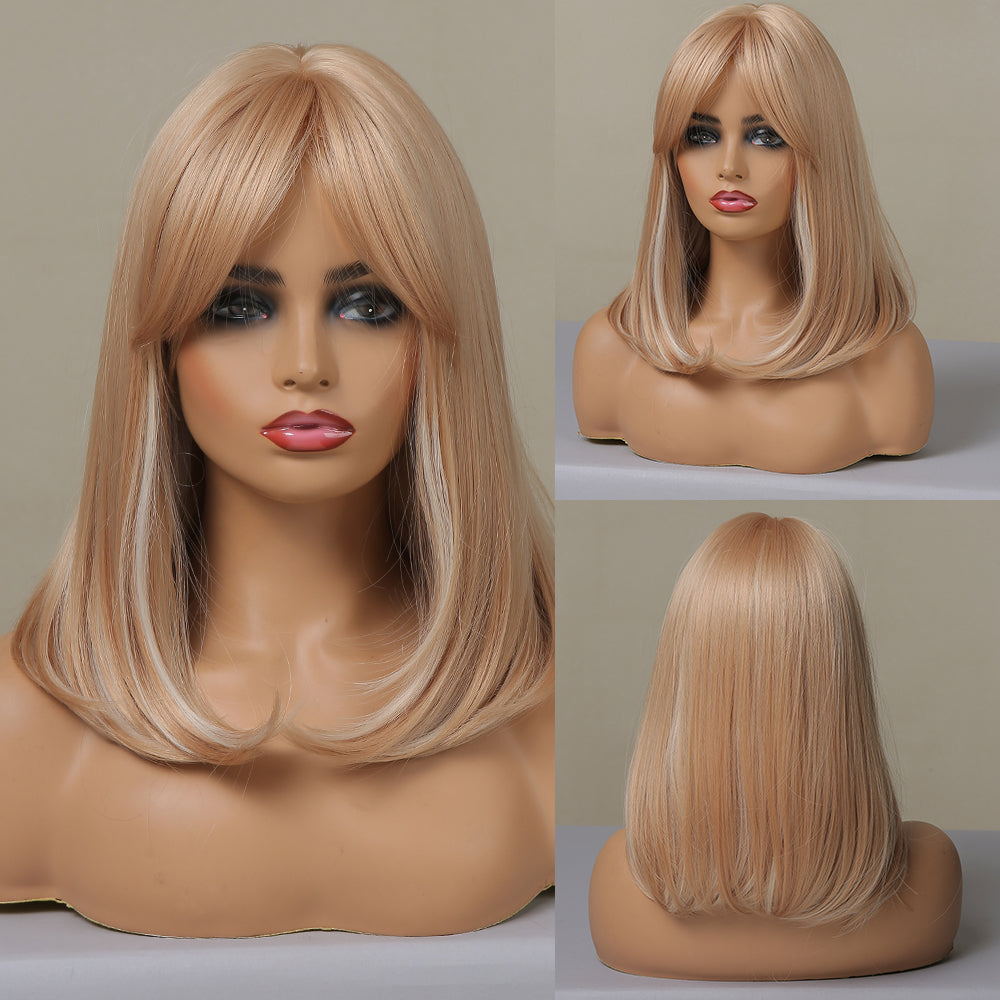 16 Inch long straight wigs blonde with bangs wigs for women daily or cosplay use LC046-1