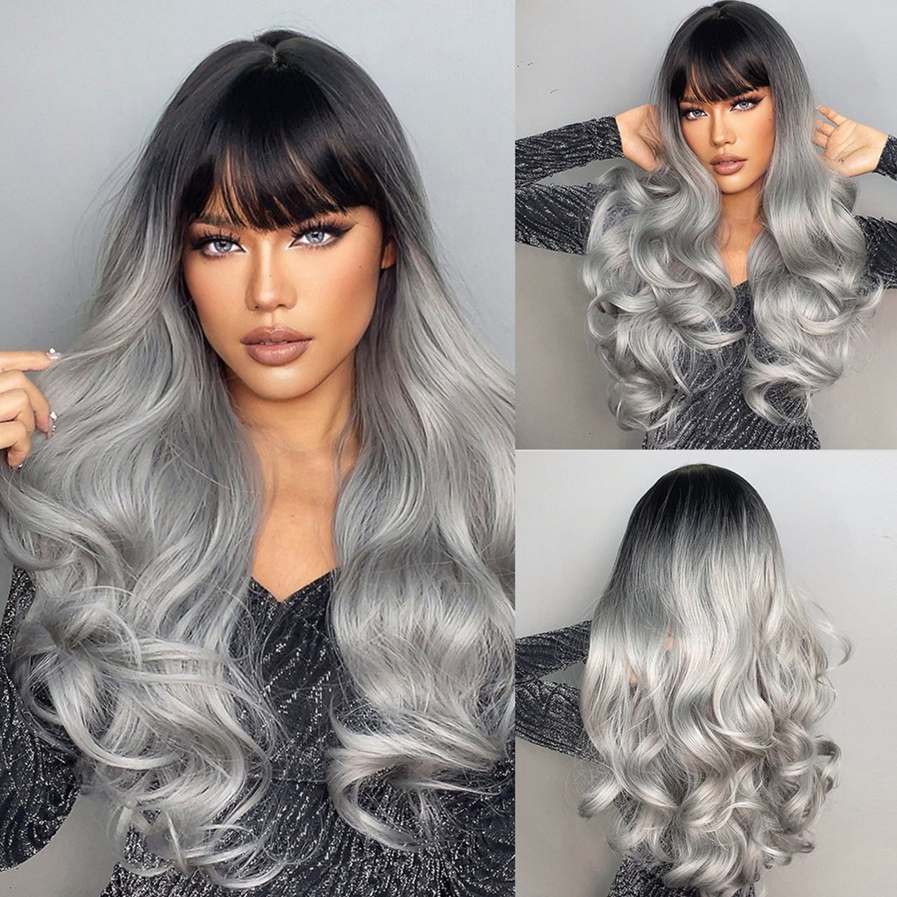 28 Inch Brown Ombre Gray Long Wavy Wigs for Women LC6109-1