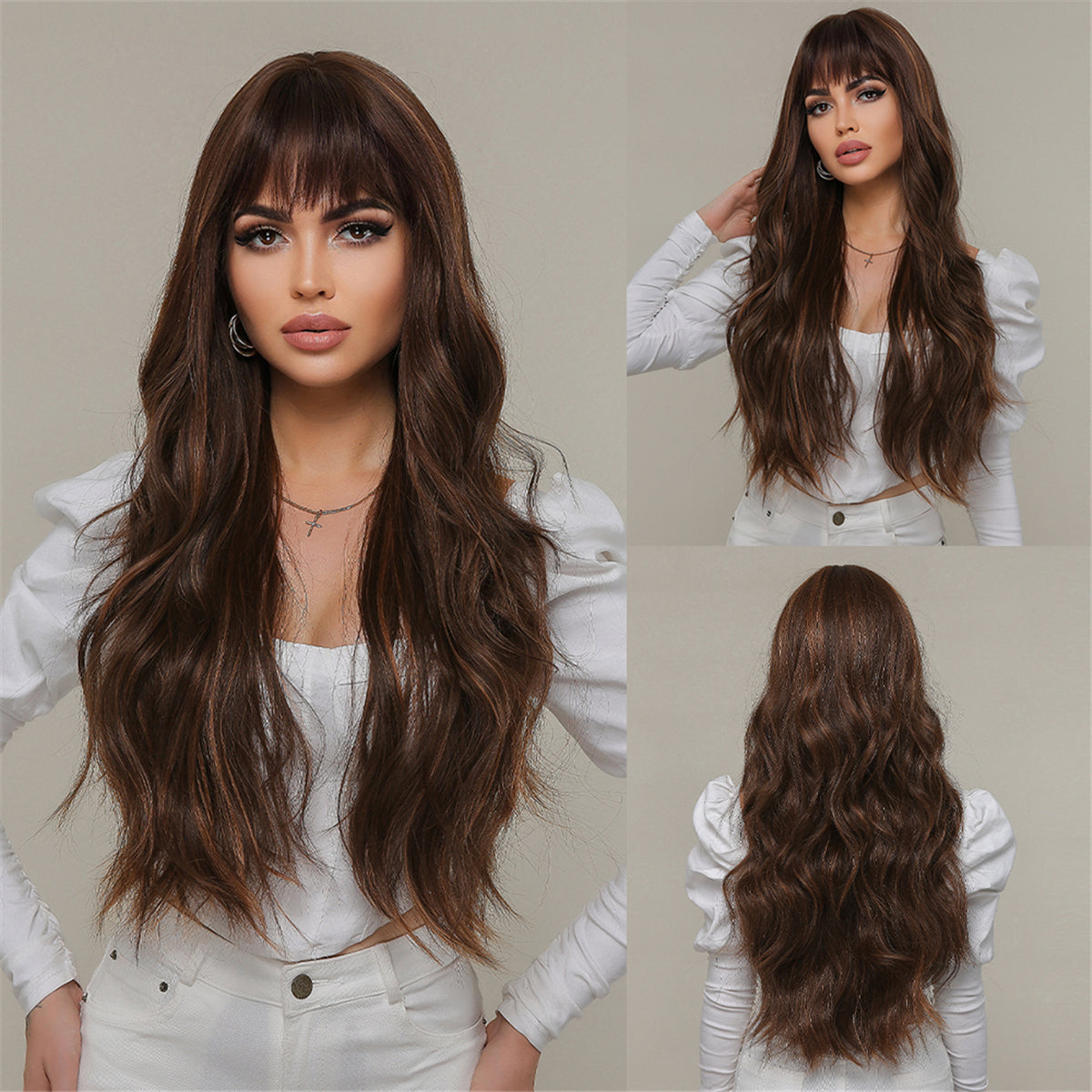 26 Inches Long Curly Brown Wigs wirh Bangs and Blonde Highlight Women's Wigs for Daily or Cosplay Use LC2074-4