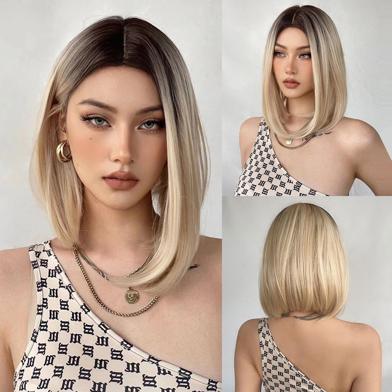 14 Inch Brown Ombre Blonde Bob Wigs for Women WL1049-1